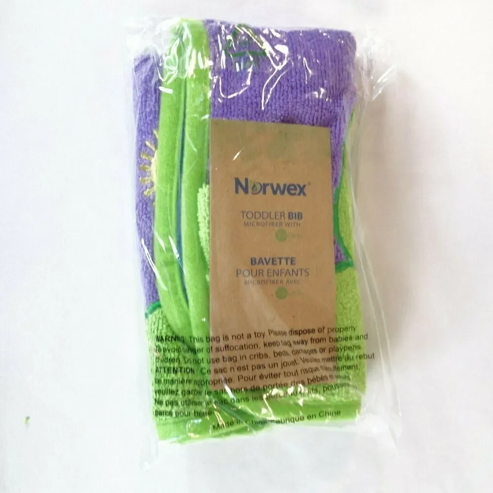 New Norwex Baby Bib Purple Tree Giraffe Monkey Washcloth Microfiber with Baclock